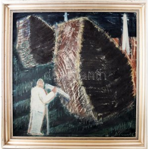 Németh József (1928-1994): Kaszáló a Tiszánál. Olaj, vászon. Jelezve jobbra lent. Fakeretben. 80x80 cm / Oil on canvas...