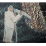 Németh József (1928-1994): Kaszáló a Tiszánál. Olaj, vászon. Jelezve jobbra lent. Fakeretben. 80x80 cm / Oil on canvas...