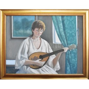 Mácsai István (1922- 2005): Leány mandolinnal. Olaj, vászon, jelezve balra lent. Dekoratív, fakeretben, 80×60 cm ...