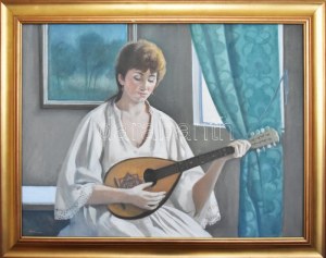 Mácsai István (1922- 2005): Leány mandolinnal. Olaj, vászon, jelezve balra lent. Dekoratív, fakeretben, 80×60 cm ...