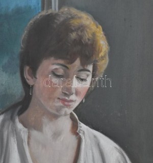 Mácsai István (1922- 2005): Leány mandolinnal. Olaj, vászon, jelezve balra lent. Dekoratív, fakeretben, 80×60 cm ...