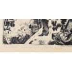 Maurer Dóra (1937- ): Vasutasok csempészik a Proletár-t. Rézkarc, papír, jelzett, kartonra kasírozva...