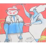 Rau Tibor (1934-2009): Vasárnapi ebéd (karikatúra). Akvarell, tus, papír, jelzett. Kissé laza paszpartuban...