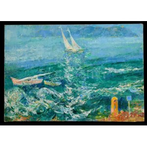 Gulyás Dénes (1927-2003): Vitorlások Balatonföldvárnál (1978-1984). Olaj, farost, jelezve balra lent és jobbra lent...