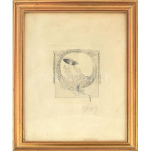 Franz von Bayros (1866-1924): Női akt kalapban és majommal. Heliogravür, papír, jelzett. Üvegezett...