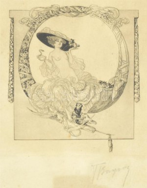 Franz von Bayros (1866-1924): Női akt kalapban és majommal. Heliogravür, papír, jelzett. Üvegezett...