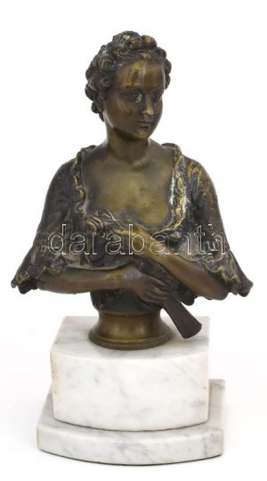 Jean-Baptiste Carpeaux (1827-1875) után: Eugénia francia császárné büsztje. Patinázott bronz, márvány talapzaton...