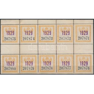1929 MÁV éves bérletbélyeg ívközéprészes 10-es tömbben