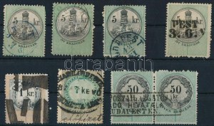 1868-1882 8 db okmánybélyeg postai kezeléssel vagy speciális bélyegzésekkel