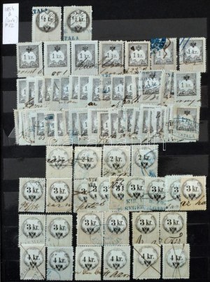 Okmánybélyeg több példányos készlet 1864-1866 több mint 1.000 db okmánybélyeg címlet szerint rendezve 8 lapos A4...