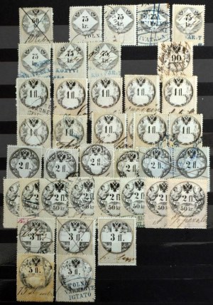Okmánybélyeg több példányos készlet 1864-1866 több mint 1.000 db okmánybélyeg címlet szerint rendezve 8 lapos A4...
