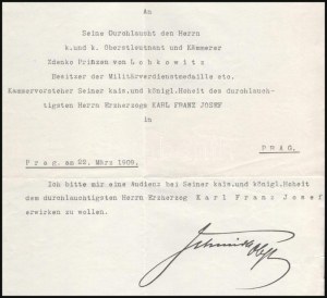 1909 Prága, Zdenko Lobkowitz (1858-1933) hercegnek címzett levél...