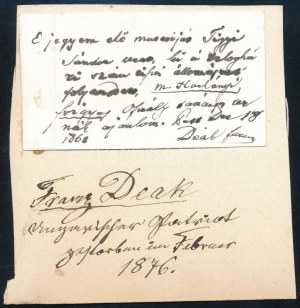 1868 Deák Ferenc (1803-1876) államférfi, miniszter névjegykártyája, az egyik szélén papírlapra ragasztva (felhajtható)...