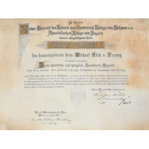 1880 Bécs, I. Ferenc József által kibocsátott kamarási kinevezés Michael Elek de Pazony részére...
