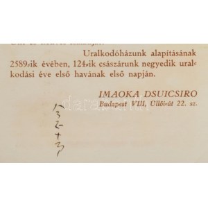 1929 Imaoka Dzsuicsiro (1888-1973) kutató, író aláírása újévi köszöntő nyomtatványon, hajtott. Bp., Kir. M...