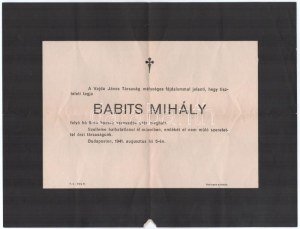 1941 Babits Mihály (1883-1941) költő, író, irodalomtörténész, műfordító, a magyar irodalom egyik legnagyobb alakjának...
