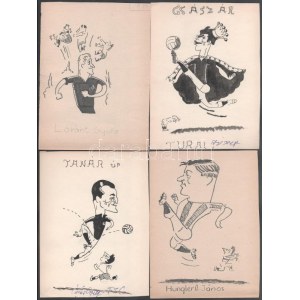 cca 1950 Karikatúrák a magyar válogatott labdarúgóiról (Lóránt Gyula, Fogl, Dudás János, stb.), 7 db, jelzés nélkül...