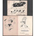 cca 1950 Karikatúrák a magyar válogatott labdarúgóiról (Lóránt Gyula, Fogl, Dudás János, stb.), 7 db, jelzés nélkül...