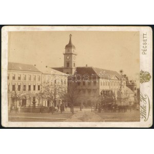 cca 1895 A pécsi Városháza előtti tér a környező épületekkel, Szentháromság-szoborral, konflissal...