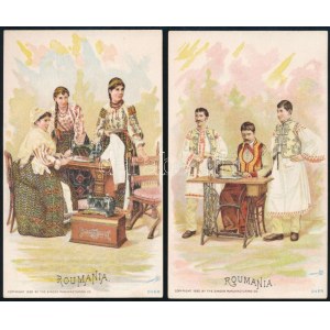 1892 Románia, népviseletbe öltözött emberek Singer varrógéppel, 2 db litografált reklámkártya...
