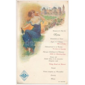 1911 Törley szecessziós menükártya, francia nyelvű menüsorral, rajta érdekes italokkal, a fejlécen a budafoki Törley...