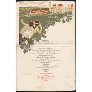 1914 Törley szecessziós menükártya, 1914 jan. 27., francia nyelvű menüsorral, rajta izgalmas italokkal (Chablis...