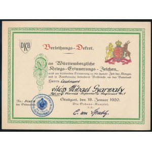 1920 A Württembergische Kriegs-Erinnerungs-Zeichen (világháborús emlékszervezet) oklevele vitéz Gyarmati Mihálynak a m...