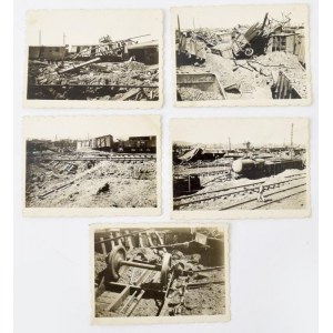 1944 Miskolci fth. (főteher(pályaudvar) = Miskolc-Rendező pályaudvar?) lebombázott vagonjainak fotói, 5 db...