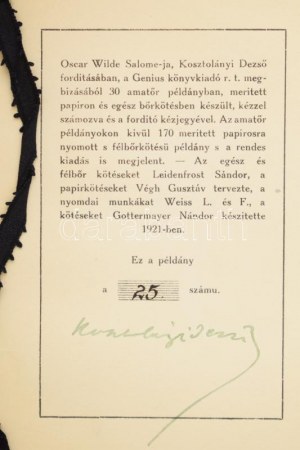 Oscar Wilde: Salome. Ford.: Kosztolányi Dezső. Számozott (25./30), a fordító, Kosztolányi Dezső (1885-1936) író, költő...