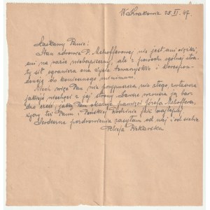 [MEHOFFER Jadwiga], PIEKARSKA Felicja. List z 25 listopada 1947 r.; […] Stan zdrowia P. Mehofferowej…