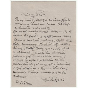 KOSSAK Wojciech. Zestaw: 1) list do M. Iwańskiego z dn. 21 lutego 1942 r.; st. bdb., dołączona orygi…