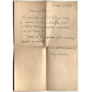 KOSSAK Jerzy. List z dn. 15 kwietnia 1948 r.; st. bdb., dołączona oryginalna koperta (wyrwany znacze…