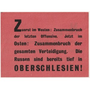 GÓRNY Śląsk. Sowiecka ulotka z wiosny 1945 roku, informująca o załamaniu niemieckiej kontrofensywy n…