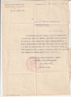 GDYNIA. A letter sent by Wł. Bystrowski, Director of the Personnel Office, on behalf of the Minister of Trans...