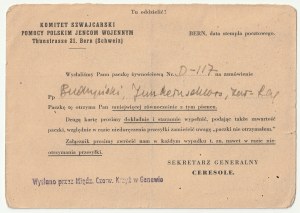 DOBIEGNIEW, Berna. Biglietto del Comitato svizzero per il soccorso dei prigionieri di guerra polacchi a Boguslaw Szc...