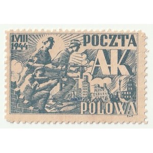 POCZTA polowa AK. Znaczek niebieski z sierpnia 1944 według projektu Stanisława Tomaszewskiego „Miedz…