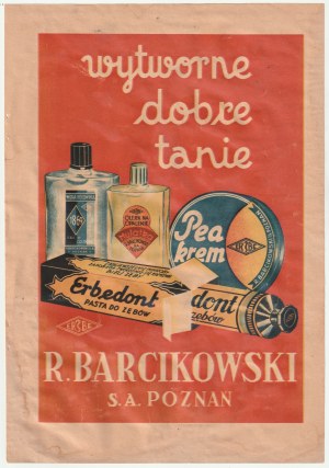 POZNAŃ. Advertisement of the company R. Barcikowski S. A. POZNAŃ, producing cologne, suntan oil, k...
