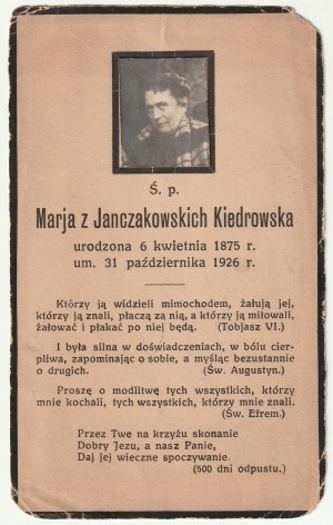 KASZUBY. Obituary of Maria née Janczakowska Kiedrowska (1875-1926) from a well-known Kashubian family; photo....