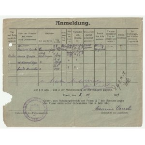 POZNAŃ, powstanie wielkopolskie. Niemiecki formularz meldunkowy z zameldowaniami z 1919 r. i stemple…