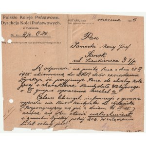 WOLNE Miasto Gdańsk, Poznań - kolej. 1) Pismo Dyrekcji Kolei Państwowych w Poznaniu do Macieja Sarne…