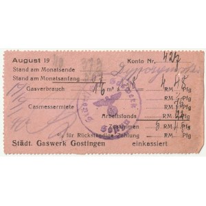 GOSTYŃ. Dwa kwity rozliczeniowe z gostyńskiej gazowni z sierpnia 1940 i 1941 r.; drobne zażółcenia, …