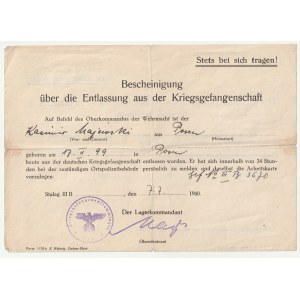 POZNAŃ. Dokument zwalniający z niewoli w Stalagu III B Kazimierza Majewskiego z Poznania, 7.07.1940;…