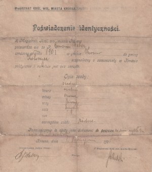 KOŁACZYCE (pow. Jasło), Krosno - Judaica. Osvědčení o totožnosti (úřední potvrzení o totožnosti ...