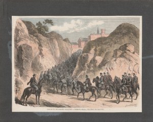 PIESKOWA SKAŁA. Průjezd Brzezinského oddílu u Pieskové skály; 1863, kresba Janet-Lange, stromy....