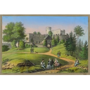 CHOJNIK. Widok na zamek; anonim, ok. 1860; chromolit., st. bdb., krawędzie przycięte, rama i szkło; …