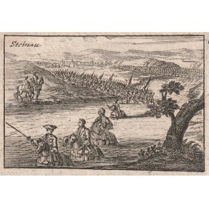 ŚCINAWA. Przeprawa wojsk szwedzkich Karola XII przez Odrę; w oddali panorama miasta; pełna karta z k…