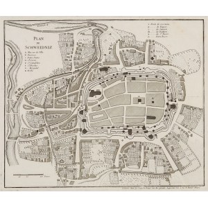 ŚWIDNICA. Plan miasta; wyd. G.L. le Rouge, ok. 1750; miedz. cz.-b., st. bdb.; wym. płyty 345x292 mm;…