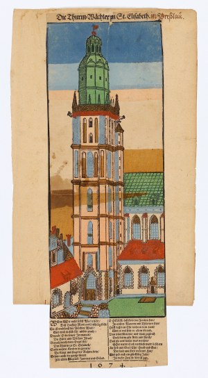 WROCŁAW. St. Elisabeth's Church - view of the tower; anonymous, 1674; wood. color, partially glued paper....