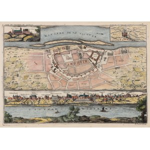 WARSZAWA, ŁOWICZ. Plan Warszawy z panoramą miasta od str. Wisły; w górnych narożnikach widok i plan …