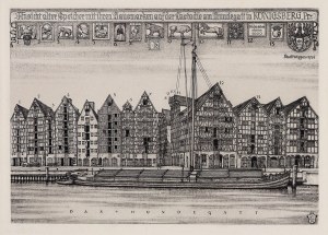 Königsberg (German: Königsberg). Granaries on the waterfront; heraldic signs above; print from 1938; in ...